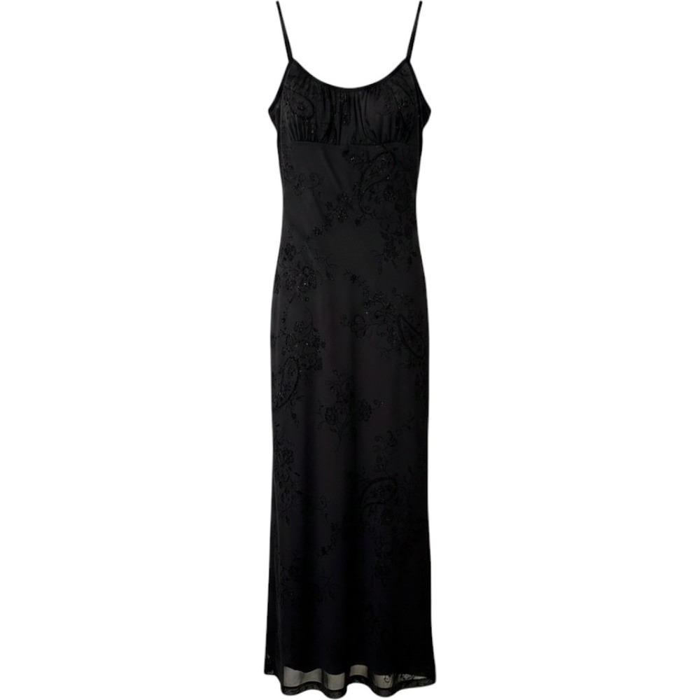 Y2K Suzy Shier Vintage Black Glitter Floral Mesh Overlay Maxi Dress Velvet Trim